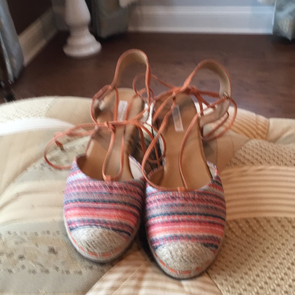 Orange, tan and gold ankle tie espadrilles